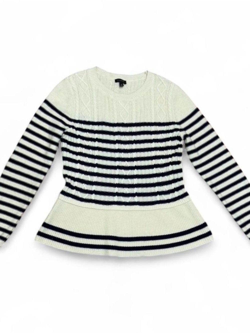 Talbots Cream & Black Cable-Knit Sweater Ruffle hem striped cotton cashmere